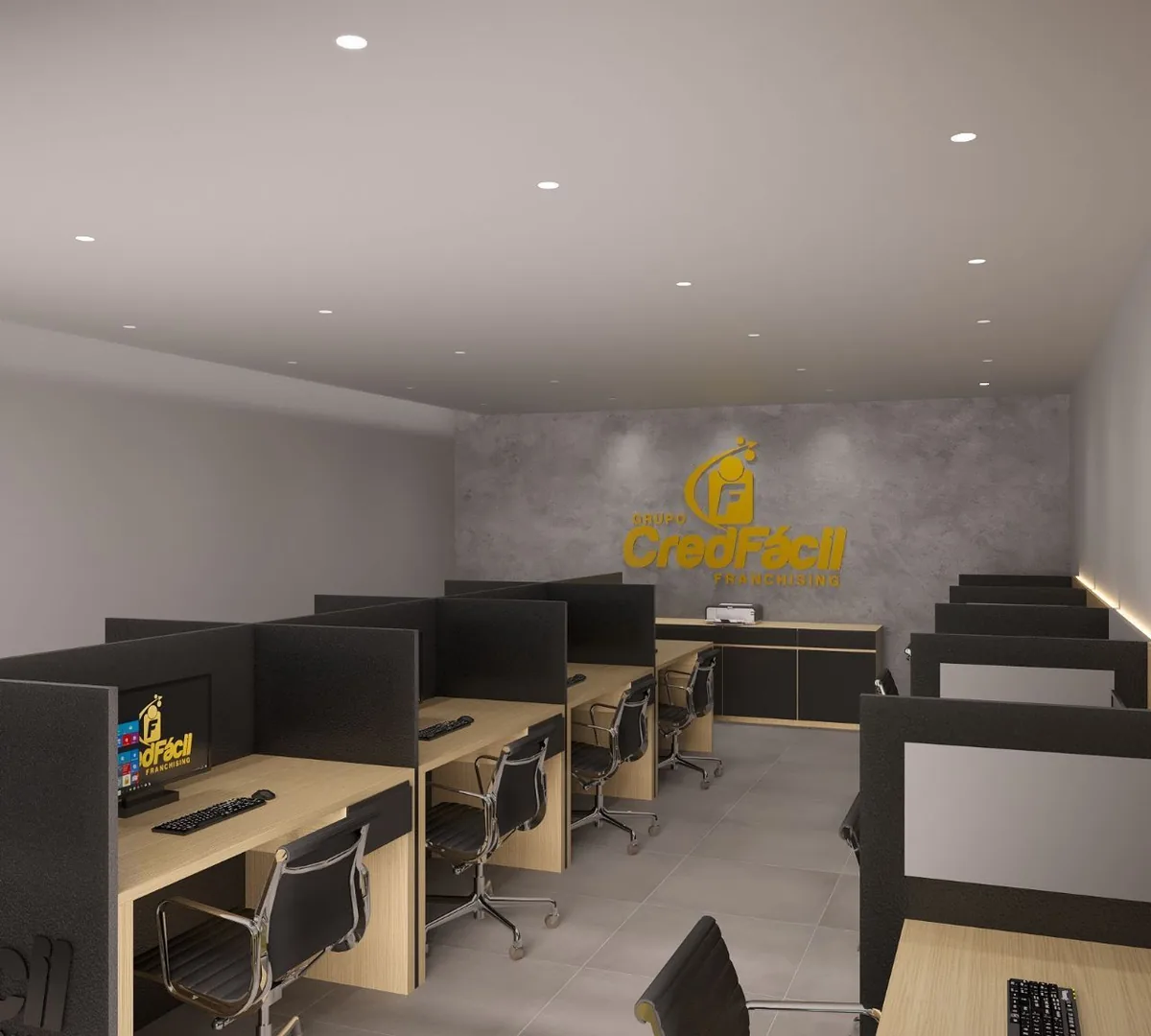 Interior de uma unidade CredFácil Black com estações de atendimento e logo dourado na parede